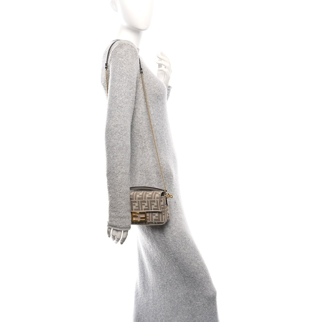 Denim Jacquard FF Effect Vitello Grace Mini Baguette Dove White Dove