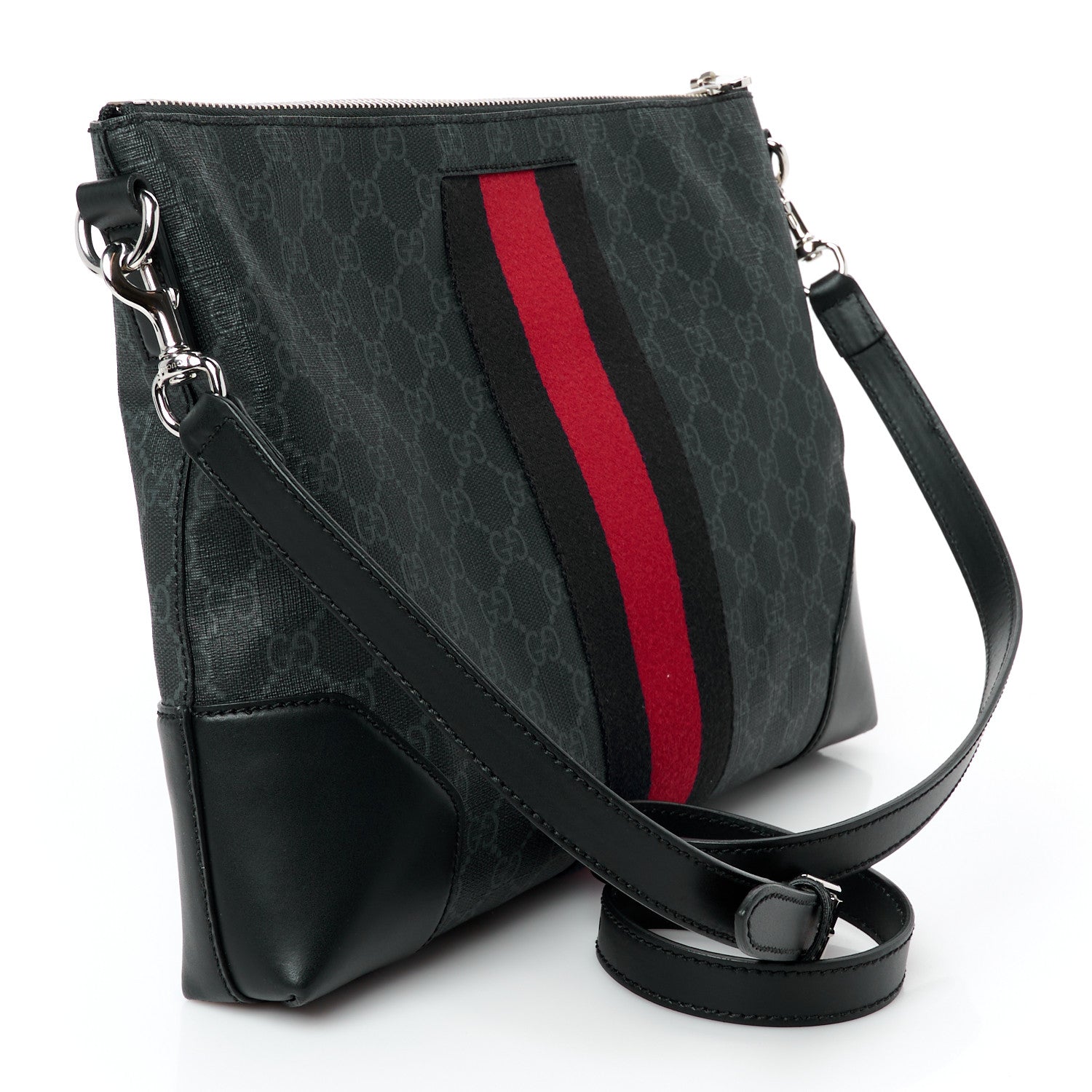 Soft GG Supreme Monogram Appia Calfskin Web East West Messenger Bag Black Grey