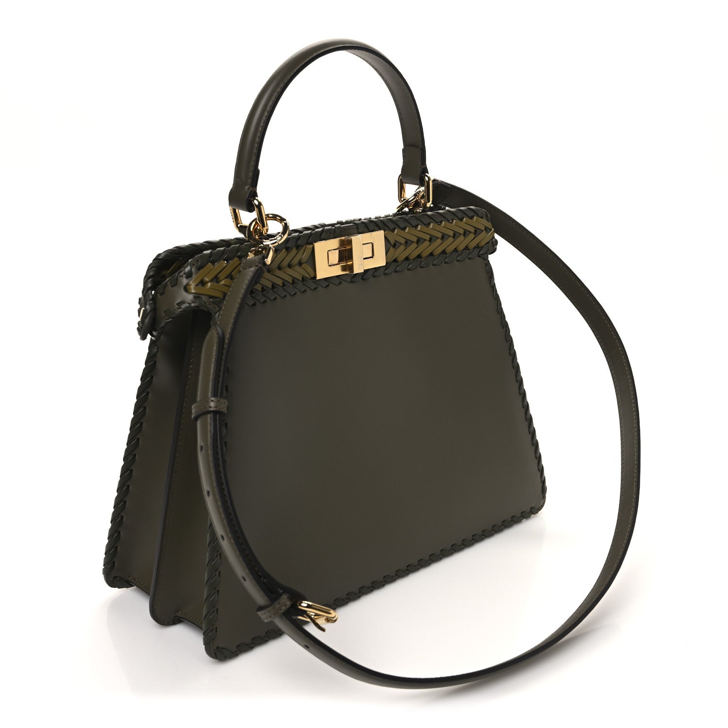 Vitello King Ceylon Shiny Nappa Woven Medium Peekaboo I SEE U Satchel Avocado Cedro Camaleonte