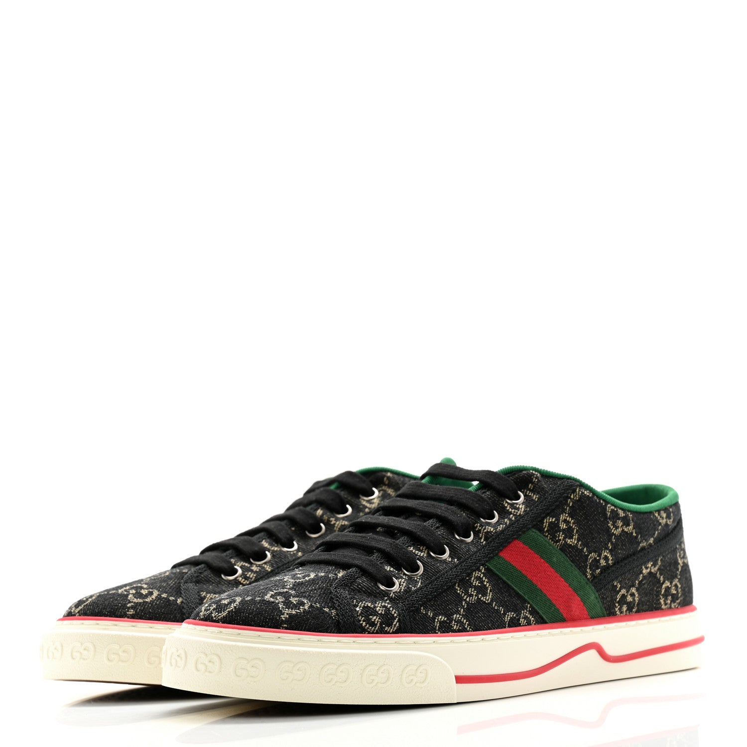 New Denim GG Monogram Web Mens 1977 Tennis Sneakers 8 Black Ivory