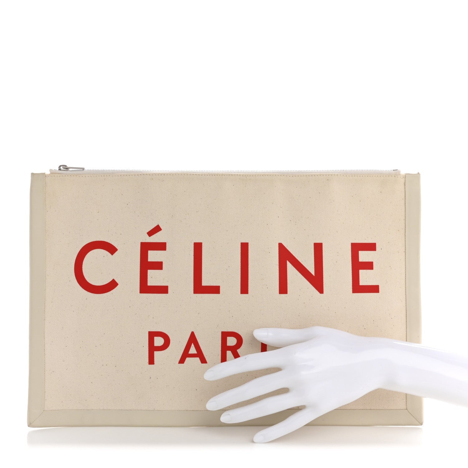 Cotton Canvas Calfskin Made In Large Pouch Red