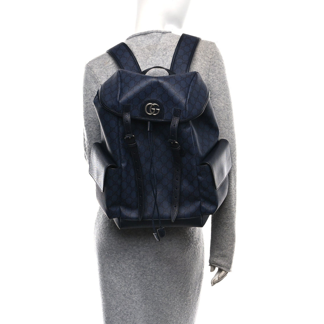 GG Supreme Monogram Textured Dollar Calfskin Medium Ophidia Double Buckle Backpack Blue Dark Blue Black