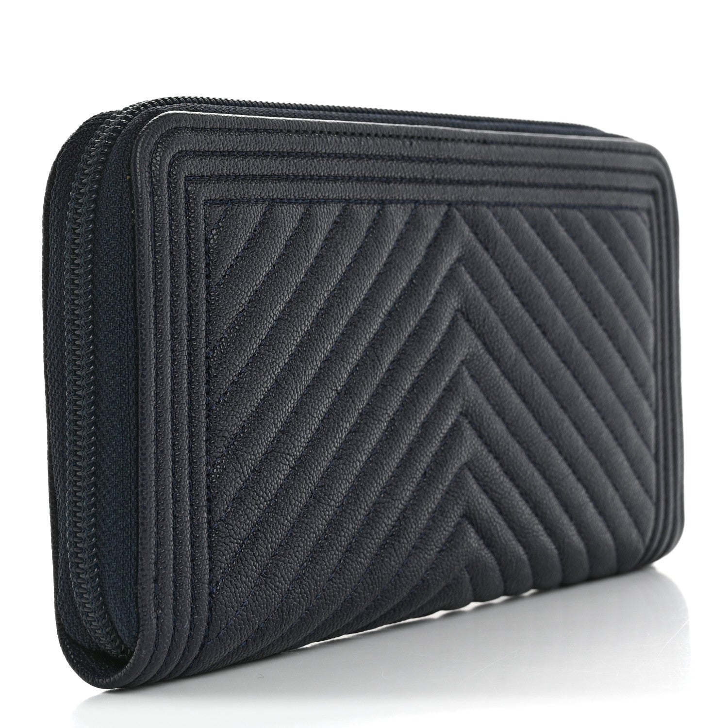 Caviar Chevron Quilted Zip Around Boy Wallet Navy