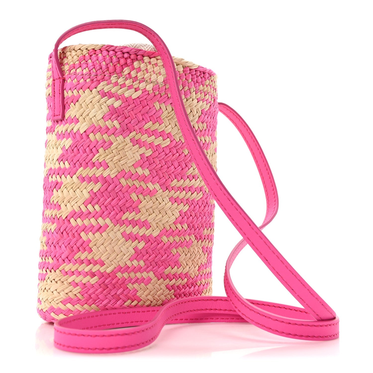 Iraca Palm Calfskin Anagram Square Pocket Bucket Bag Natural Fuchsia