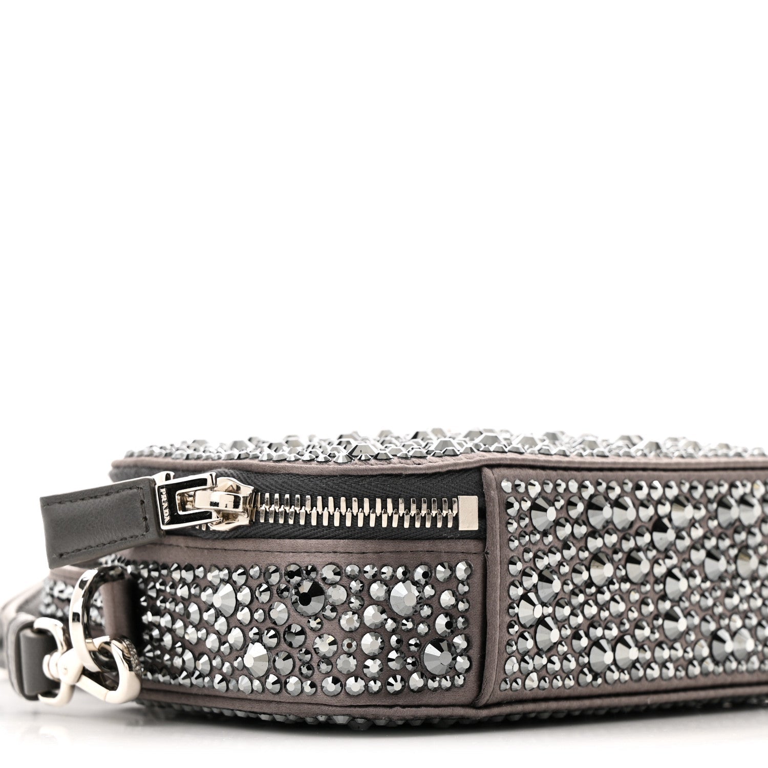 Satin Crystal Metal Triangle Logo Odette Crossbody Fumo