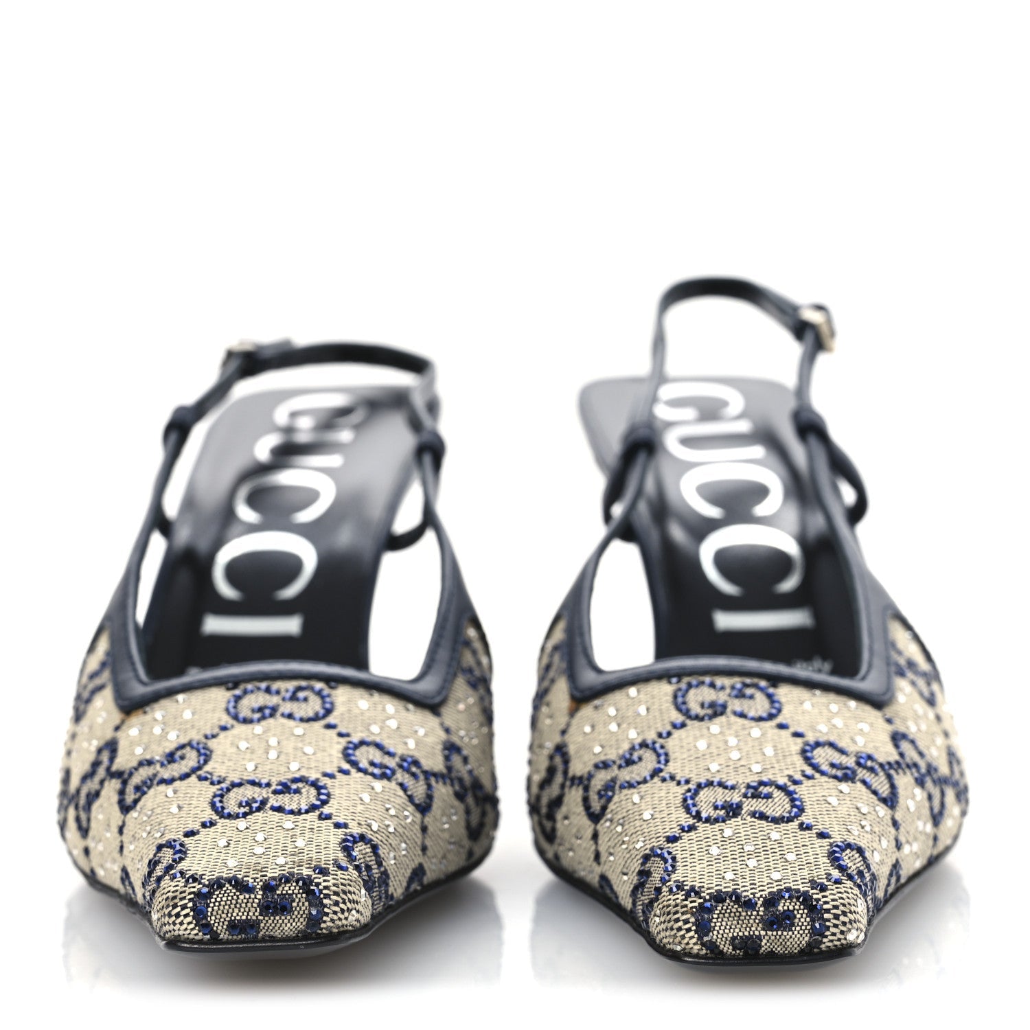 GG Monogram Malaga Kid Crystal Square G 75mm Slingback Pumps 37.5 Beige Blue