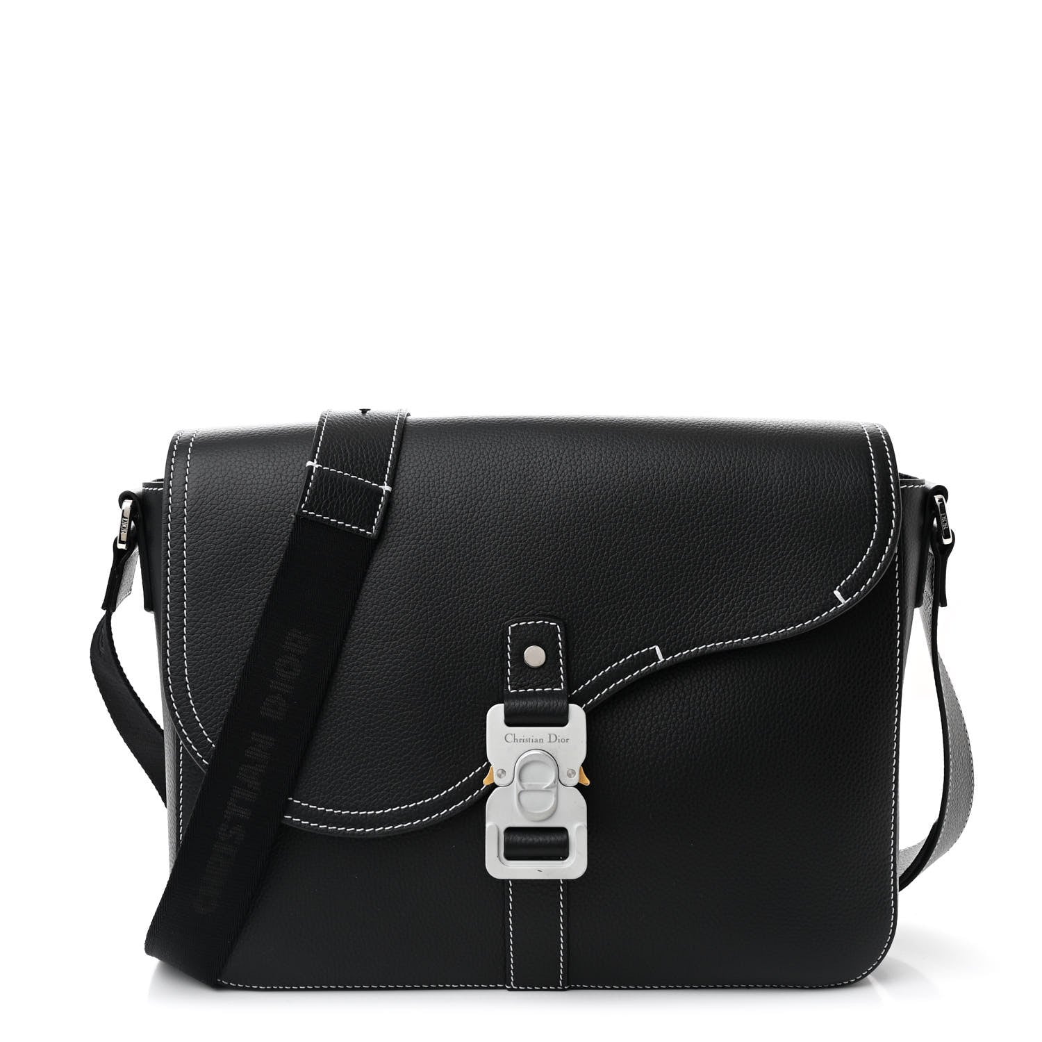 Grained Calfskin Medium Saddle Messenger Bag Black