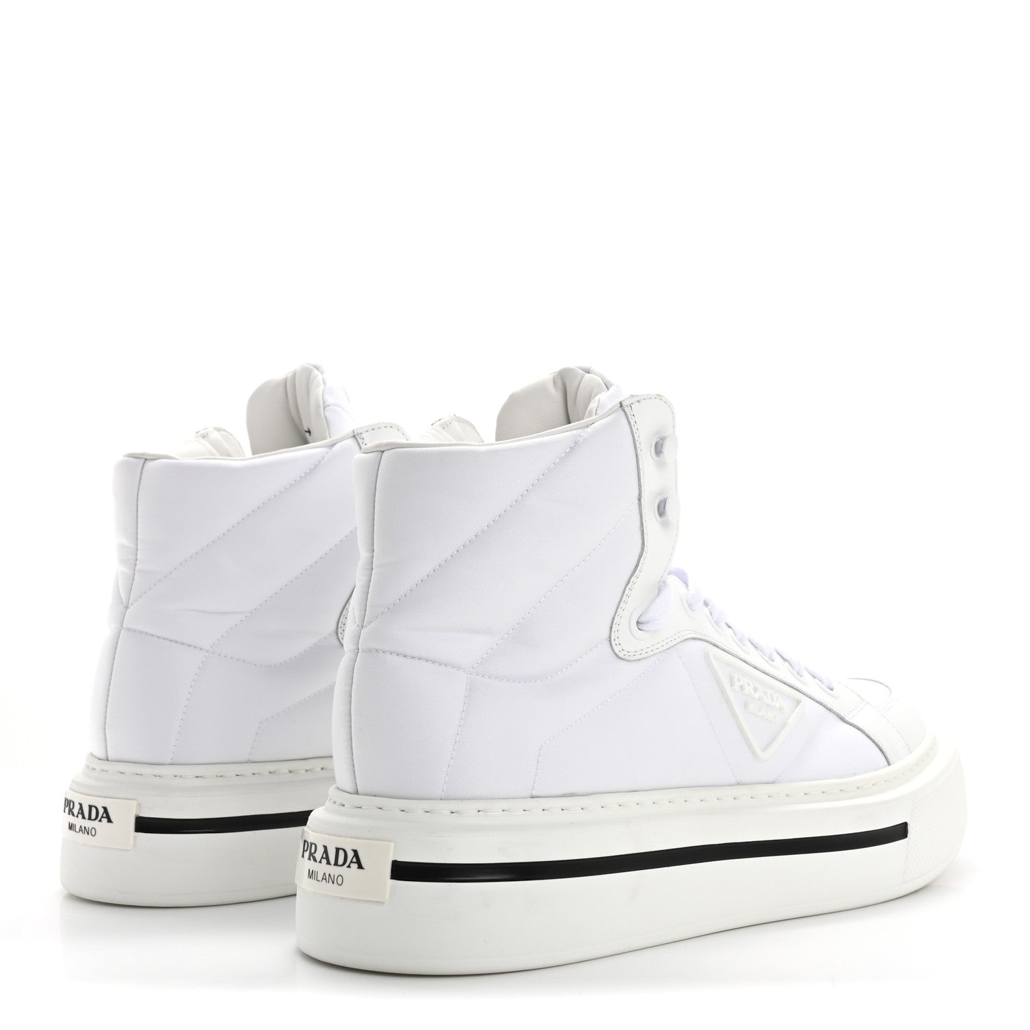 Re-Nylon Gabardine Spazzolato Macro Quilted Triangle Logo Mens High Top 45mm Sneakers 8.5 White