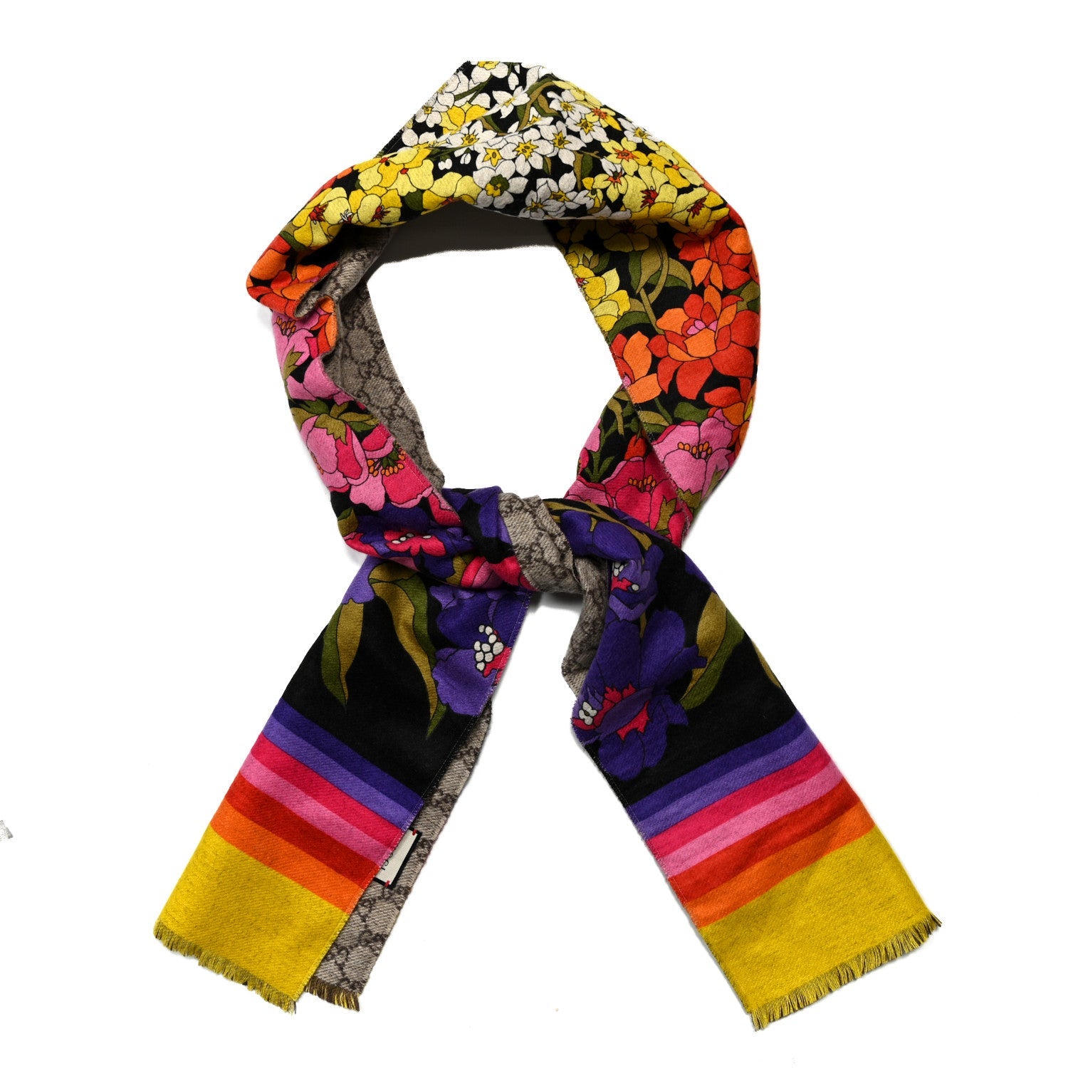 Silk Cashmere GG Monogram Floral Print Scarf Black