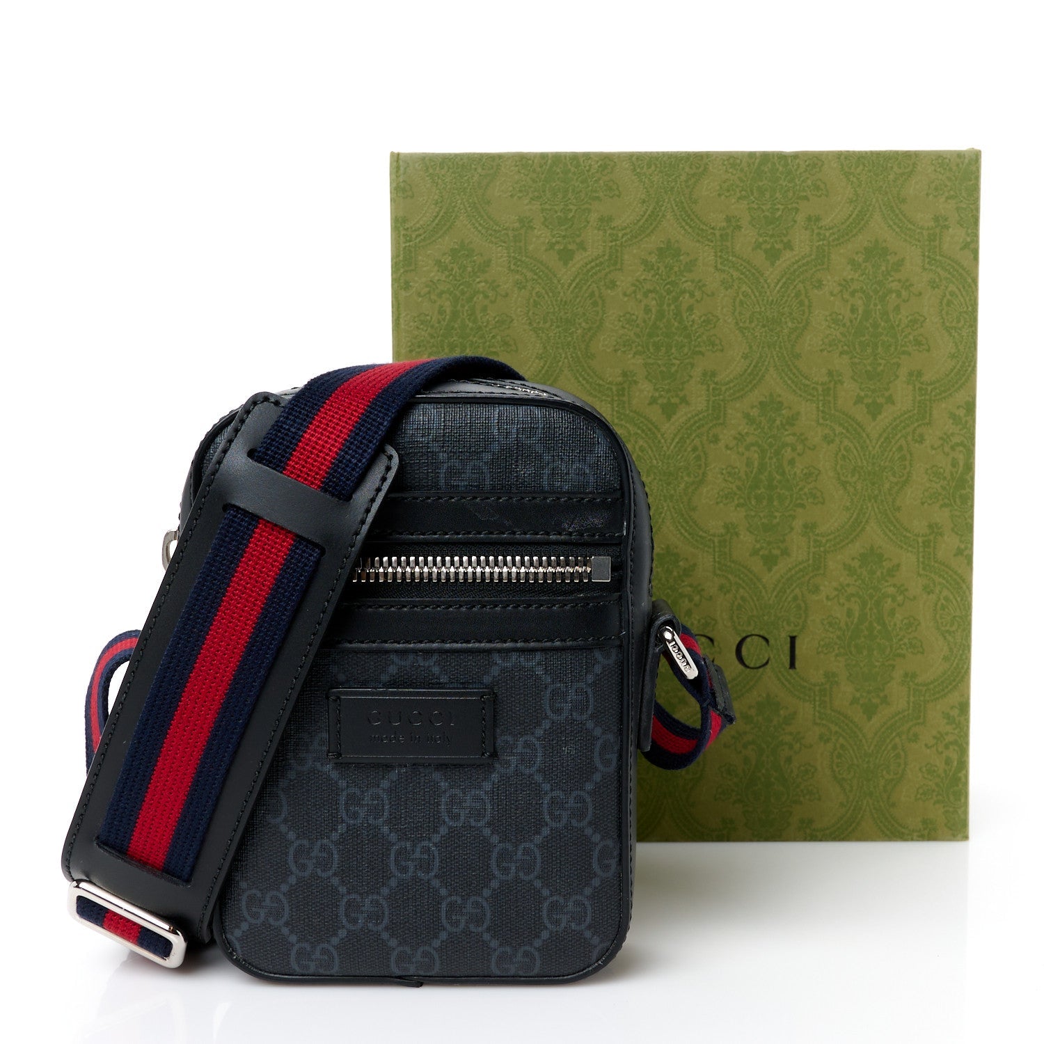 GG Supreme Monogram Appia Calfskin Web Small Camera Messenger Bag Black Grey