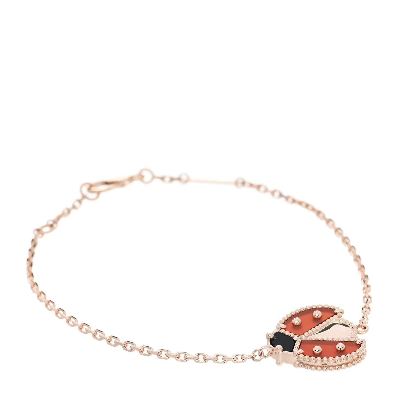 18K Rose Gold Carnelian Onyx Lucky Spring Open Wing Lady Bug Bracelet