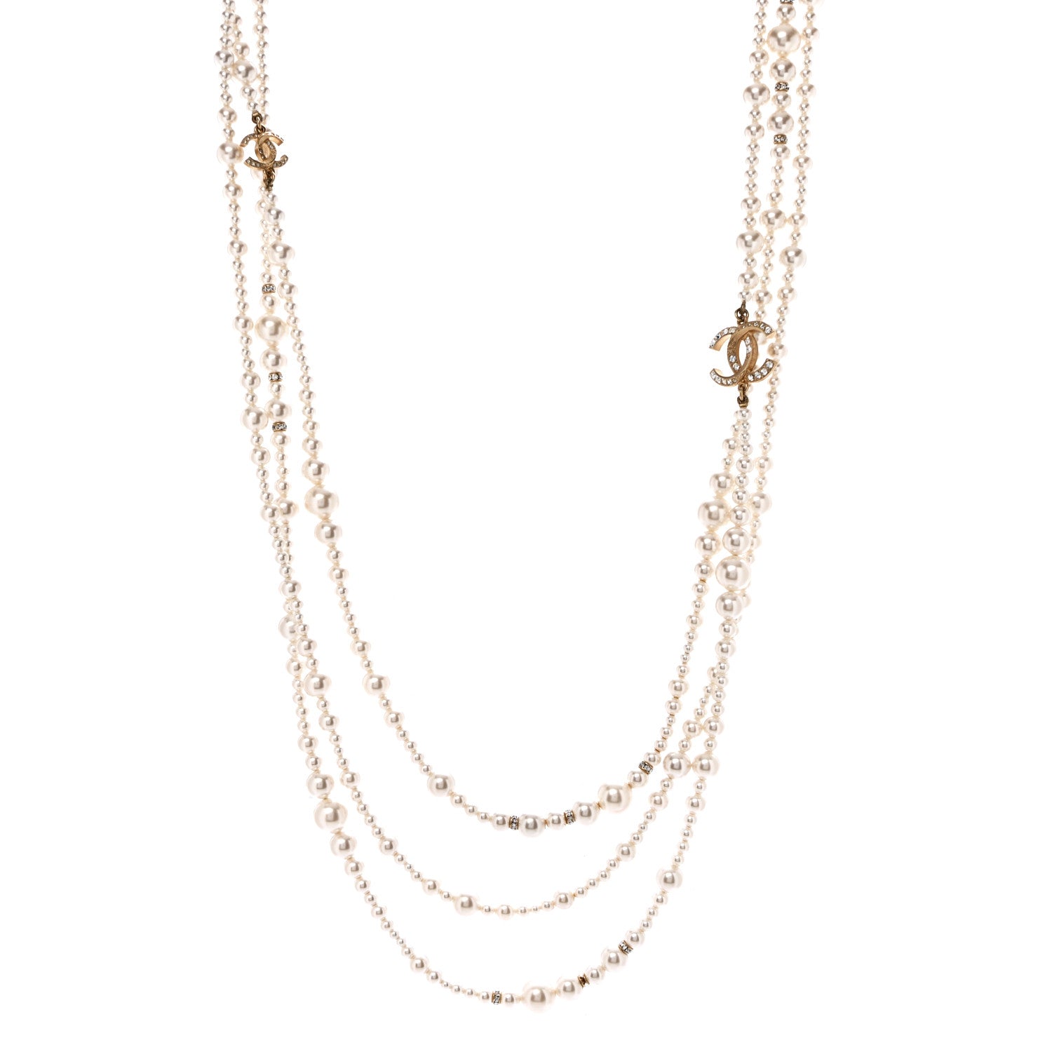 Metal Pearl Crystal Graduated CC Multi Strand Necklace Gold