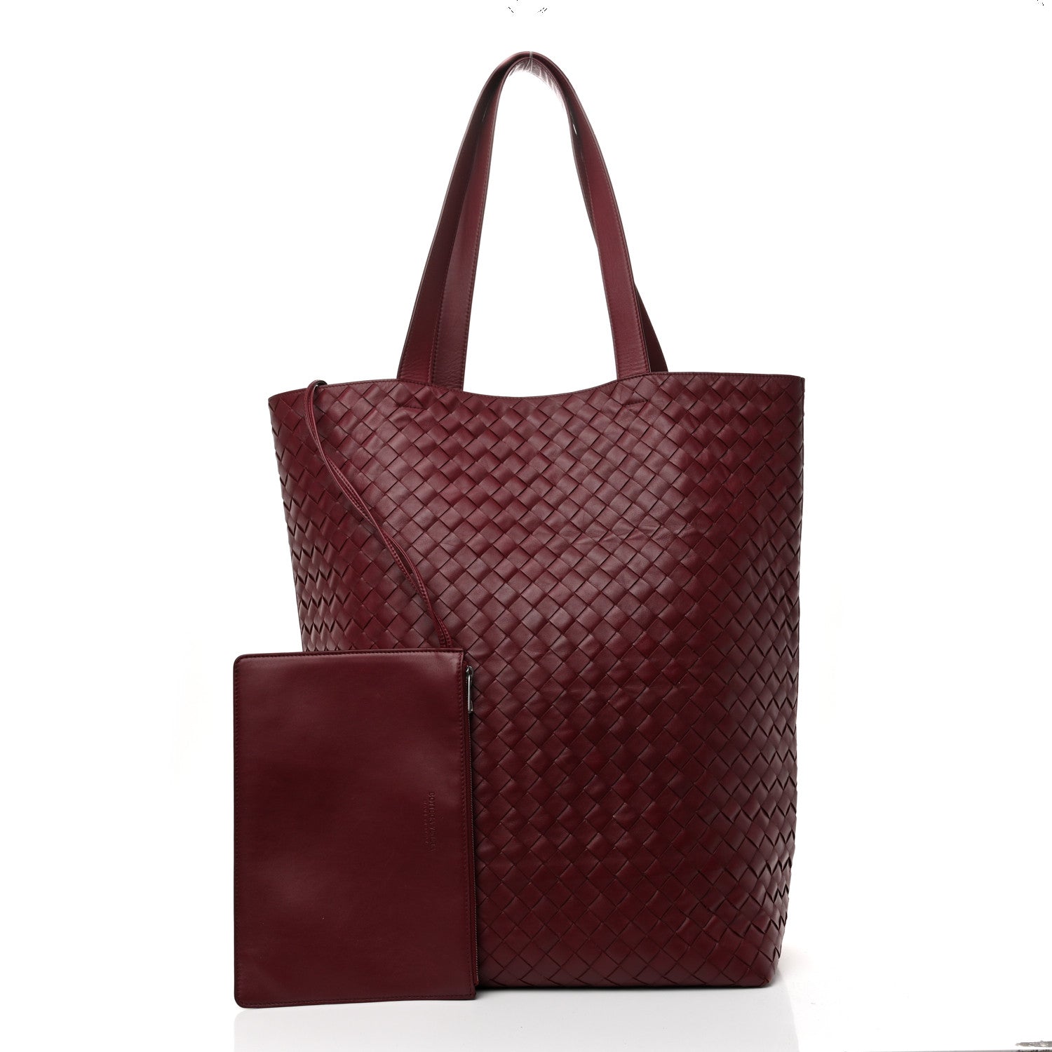 Calfskin Intrecciato Large North South Tote Bag Burgundy