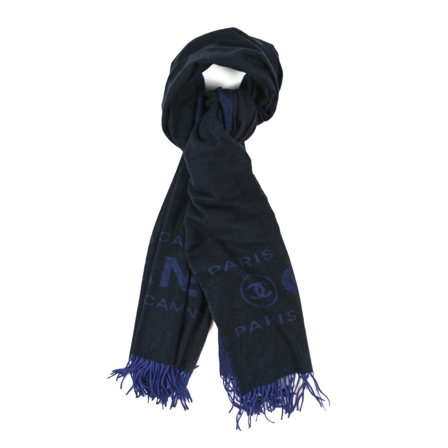 Cashmere CC Fringe Stole Blue Black