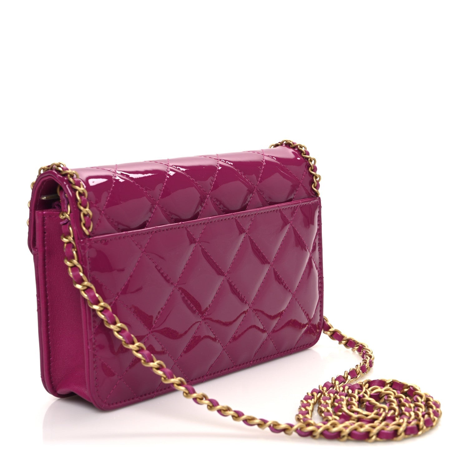 Patent Quilted Chain Around Heart Wallet On Chain WOC Fuchsia