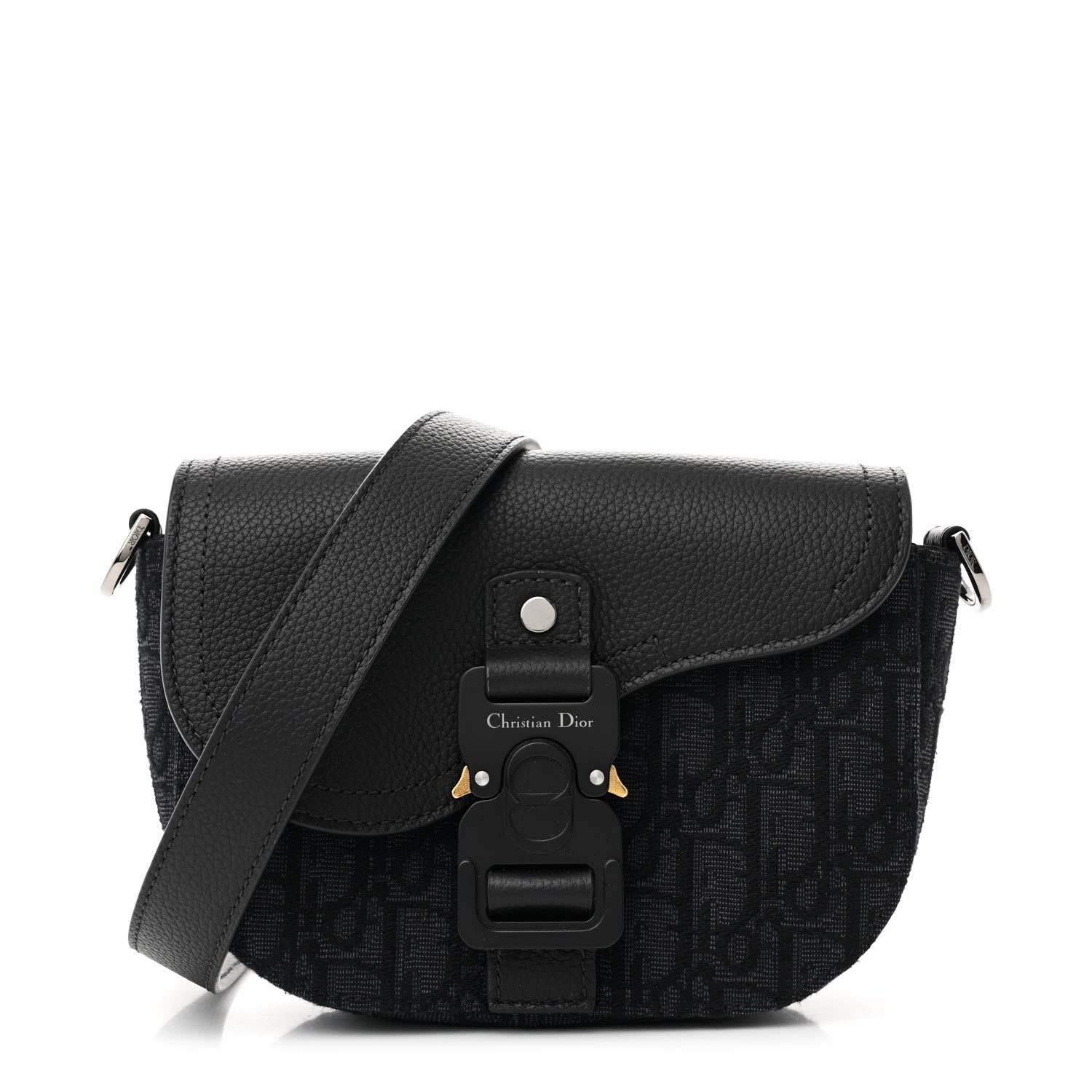 Oblique Jacquard Grained Calfskin Mini Saddle Messenger Bag With Flap Black