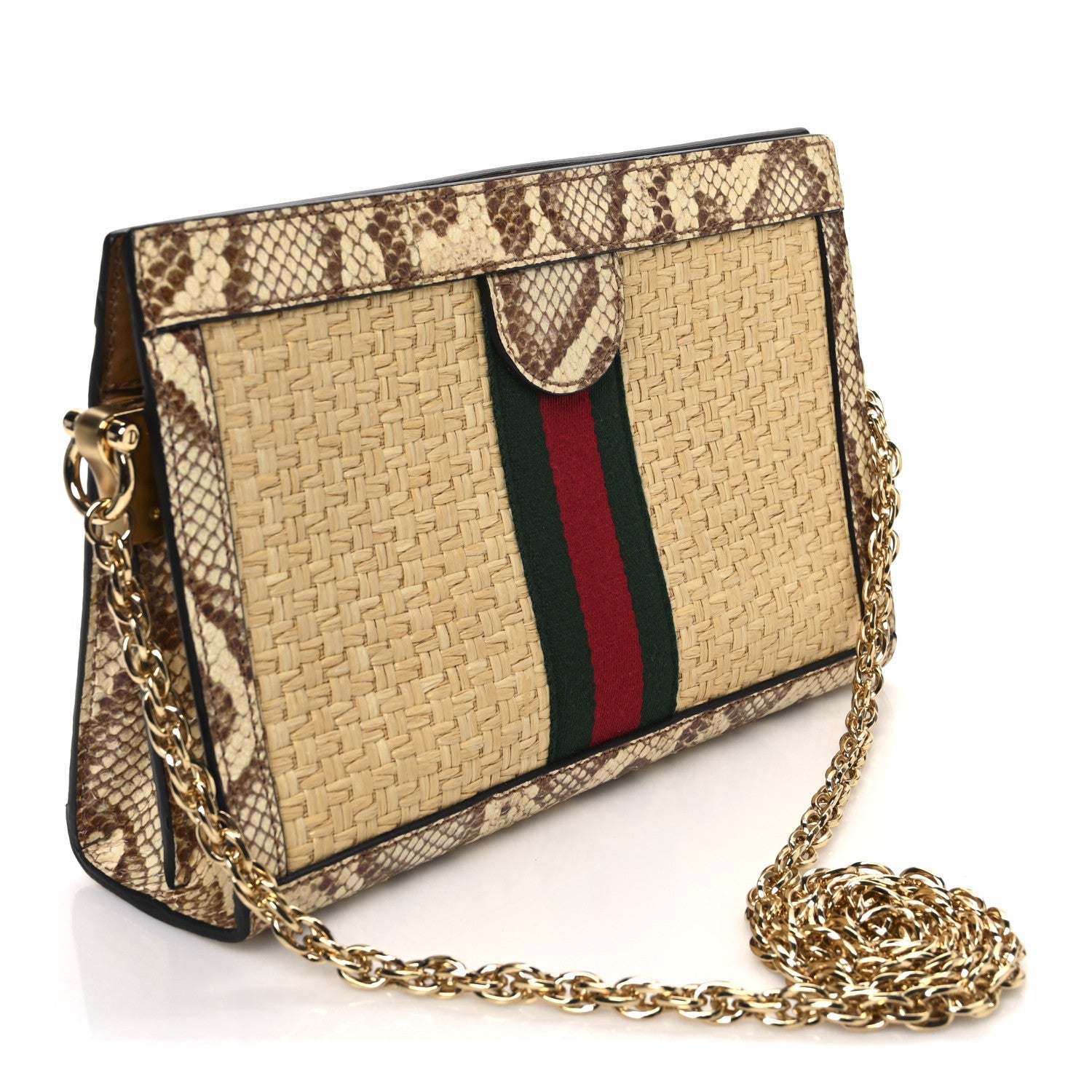Raffia Elaphe GG Small Ophidia Chain Shoulder Bag Natural Cream Brown