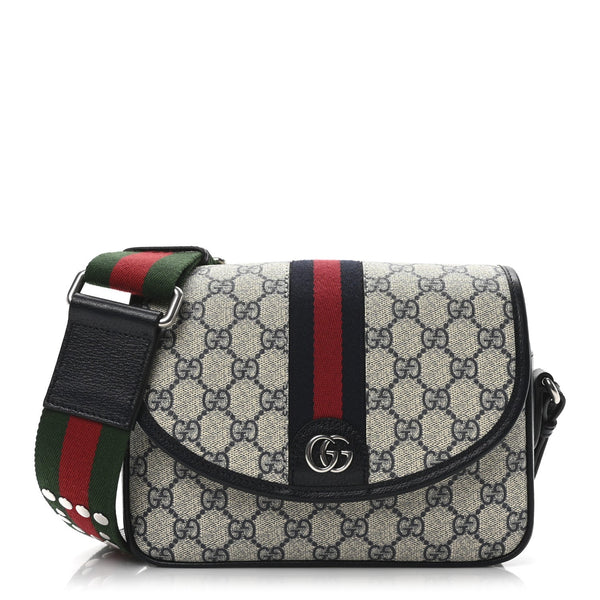 GG Supreme Monogram Textured Dollar Calfskin Web Studded Mini Ophidia Flap Shoulder Bag Beige Blue