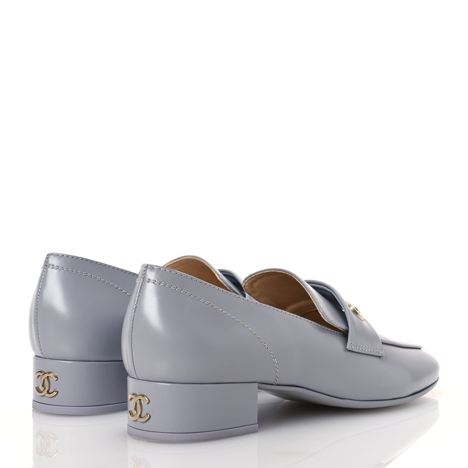 Shiny Calfskin Logo Loafers 37 Light Grey