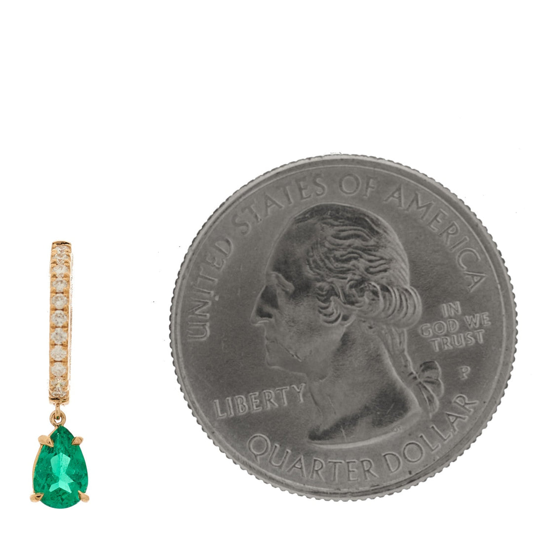 18K Rose Gold Diamond Emerald Pear Drop Huggie Earring