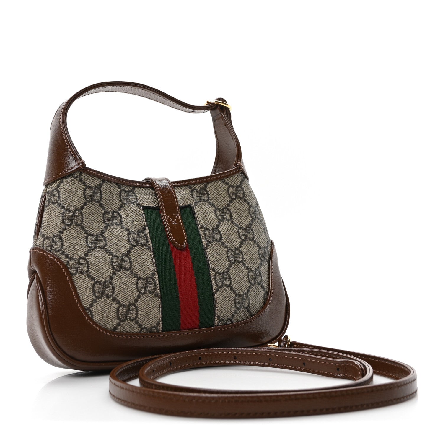 GG Supreme Monogram Azalea Calfskin Web Mini Jackie 1961 Hobo Beige Ebony Brown Sugar