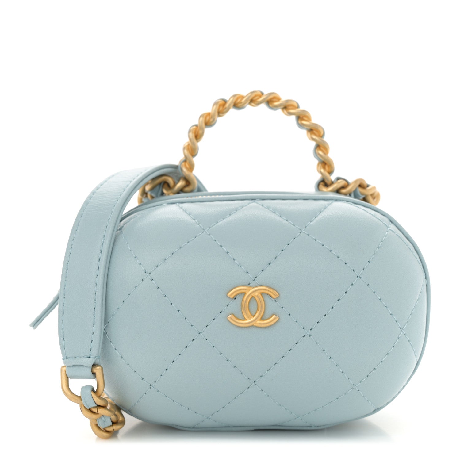 Lambskin Quilted CC Bubble Vanity Case With Chain Light Blue