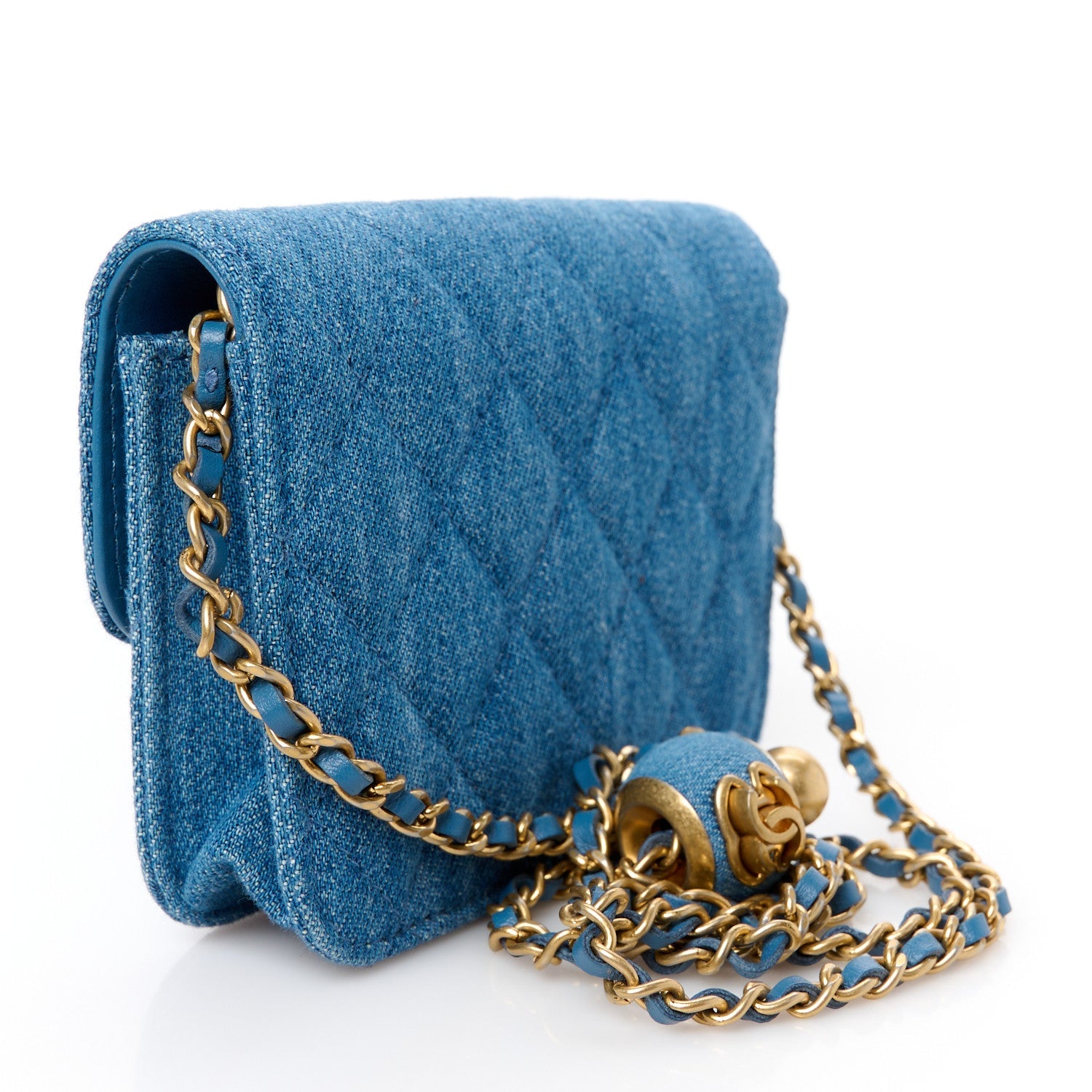 Denim Quilted CC Pearl Crush Clutch With Chain Blue
