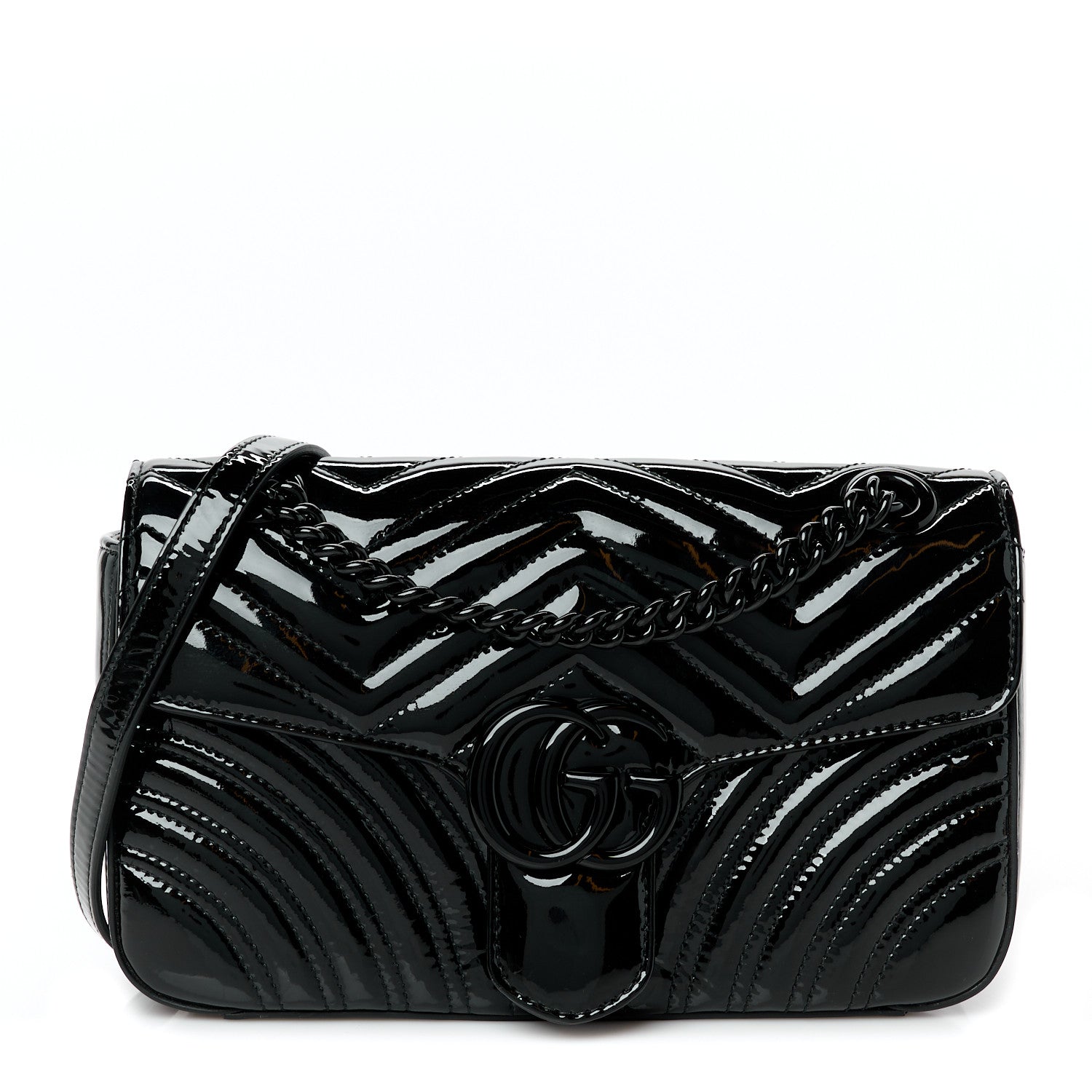 Patent Calfskin Matelasse Monochrome Small GG Marmont Shoulder Bag Black