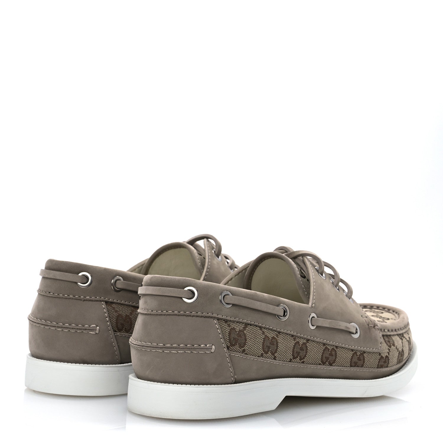 GG Supreme Monogram Canvas Nubuck Mens Lace Up Boat Shoes 9.5 Oatmeal Beige Ebony