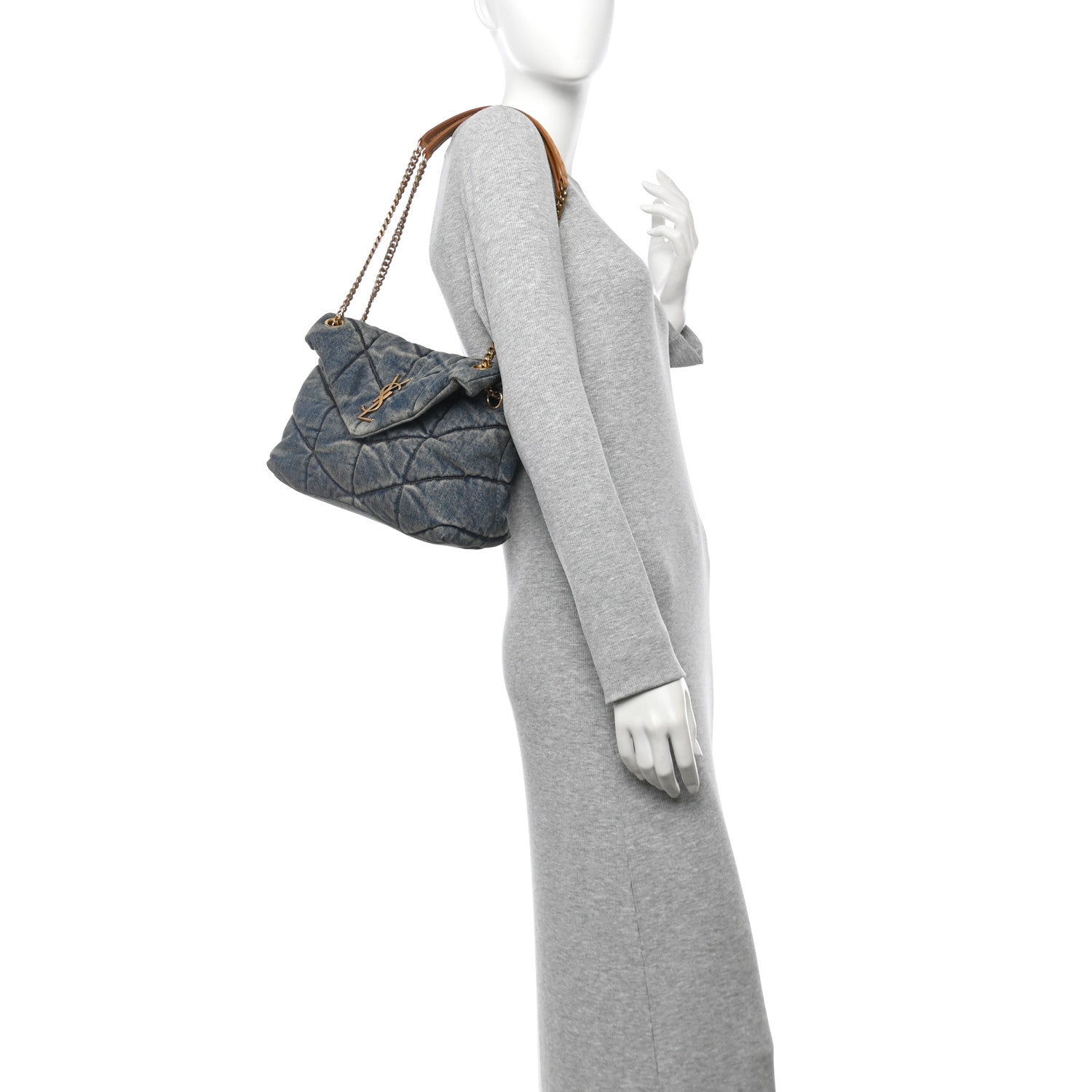 Denim Quilted Small Loulou Puffer Monogram Chain Satchel Blue Cinnamon