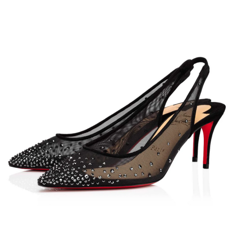 CL Follies Strass Sling Pumps 70mm Fishnet Black