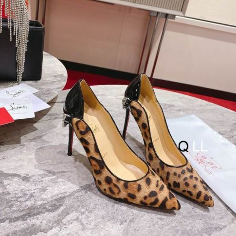 CL Hot Chick Pumps 100mm Patent and Calf Hair Leopard Print Brown