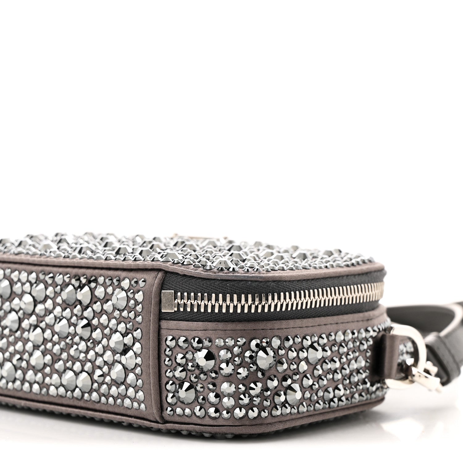 Satin Crystal Metal Triangle Logo Odette Crossbody Fumo