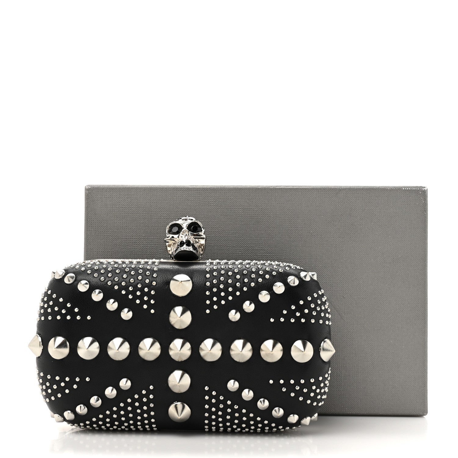 Calfskin Studded Britannia Skull Box Clutch Black