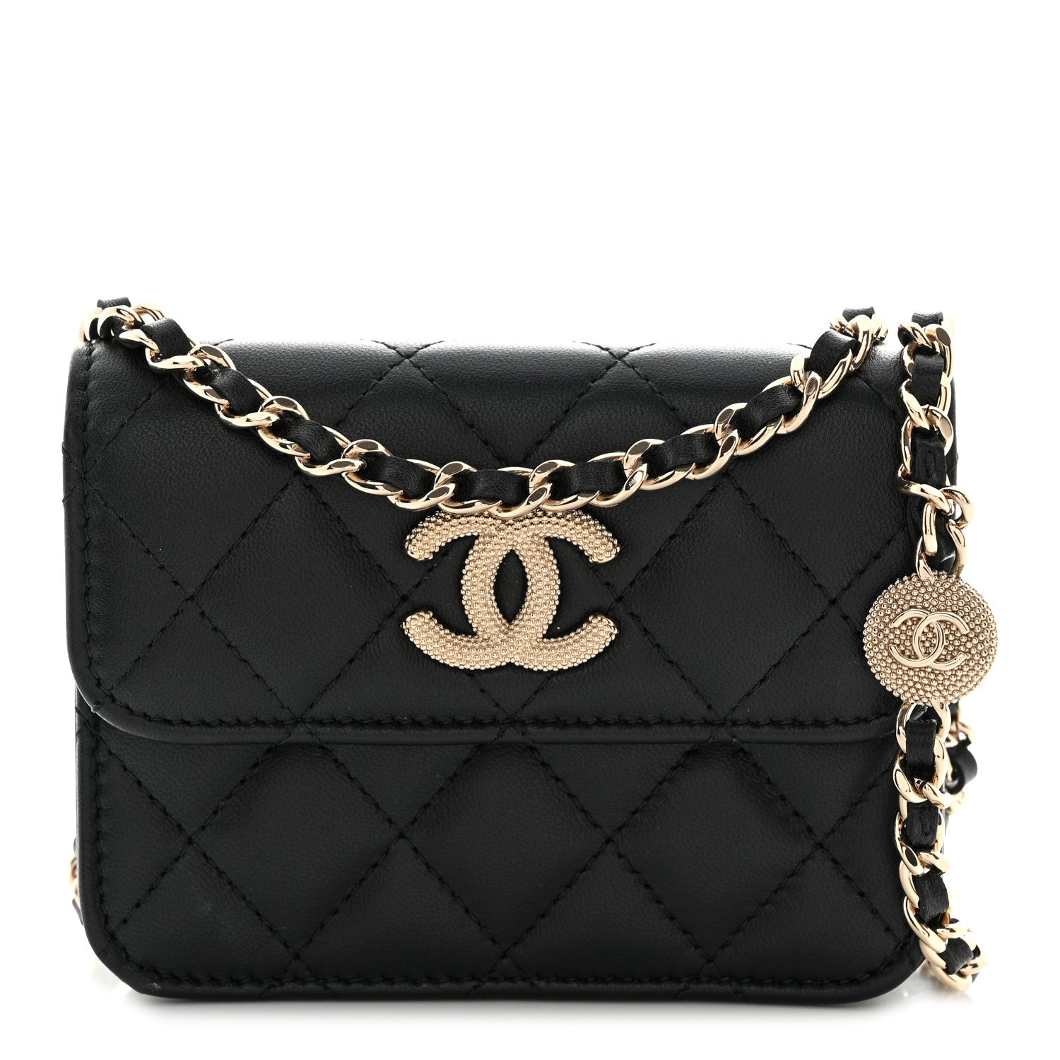 Lambskin Quilted Crystal CC Charm Clutch With Chain Black