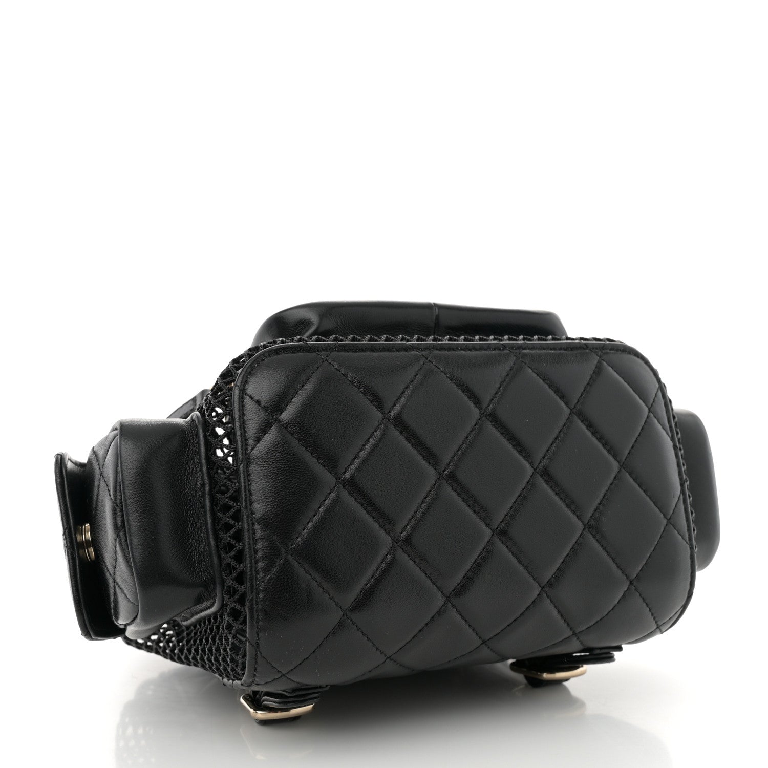 Shiny Lambskin Mesh Quilted Small Cargo Duma Drawstring Backpack Black
