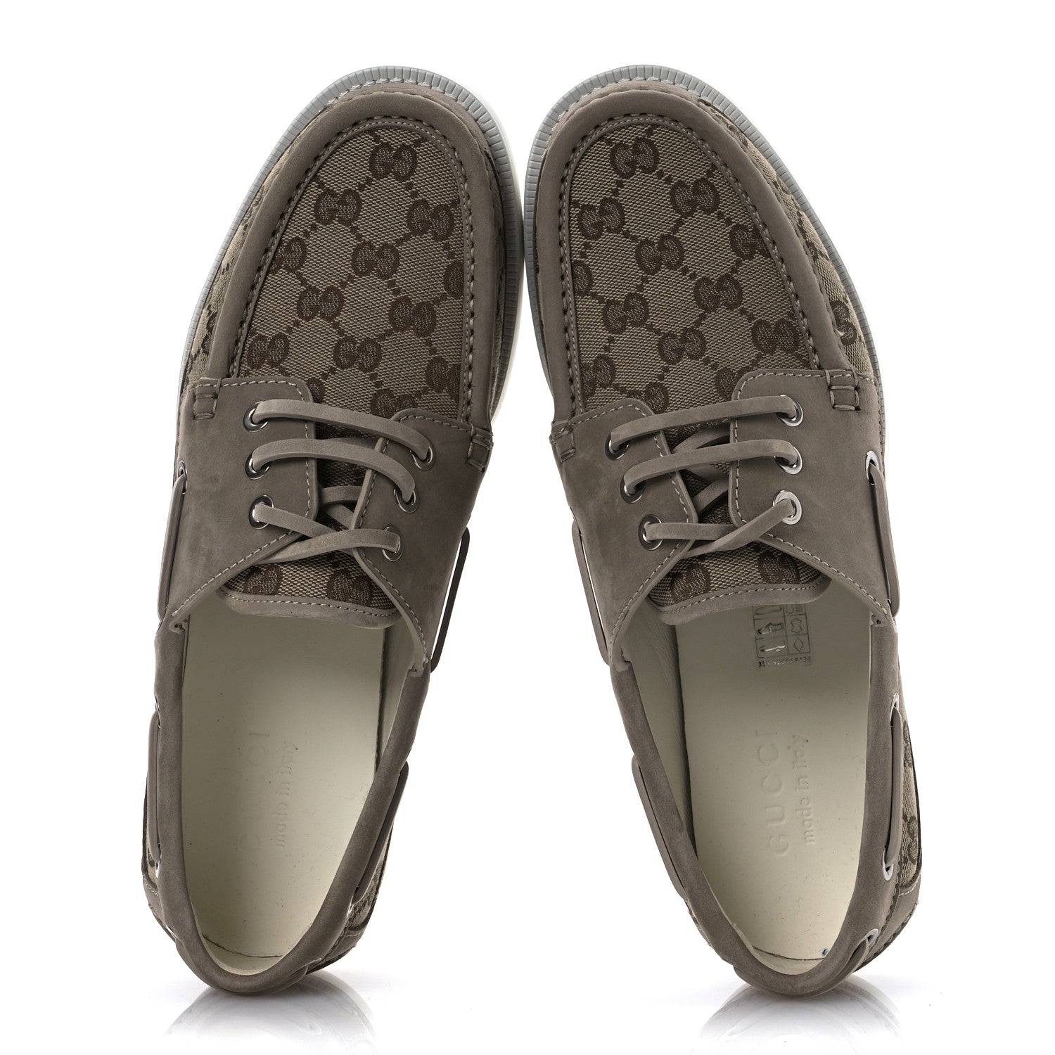 GG Supreme Monogram Canvas Nubuck Mens Lace Up Boat Shoes 9.5 Oatmeal Beige Ebony
