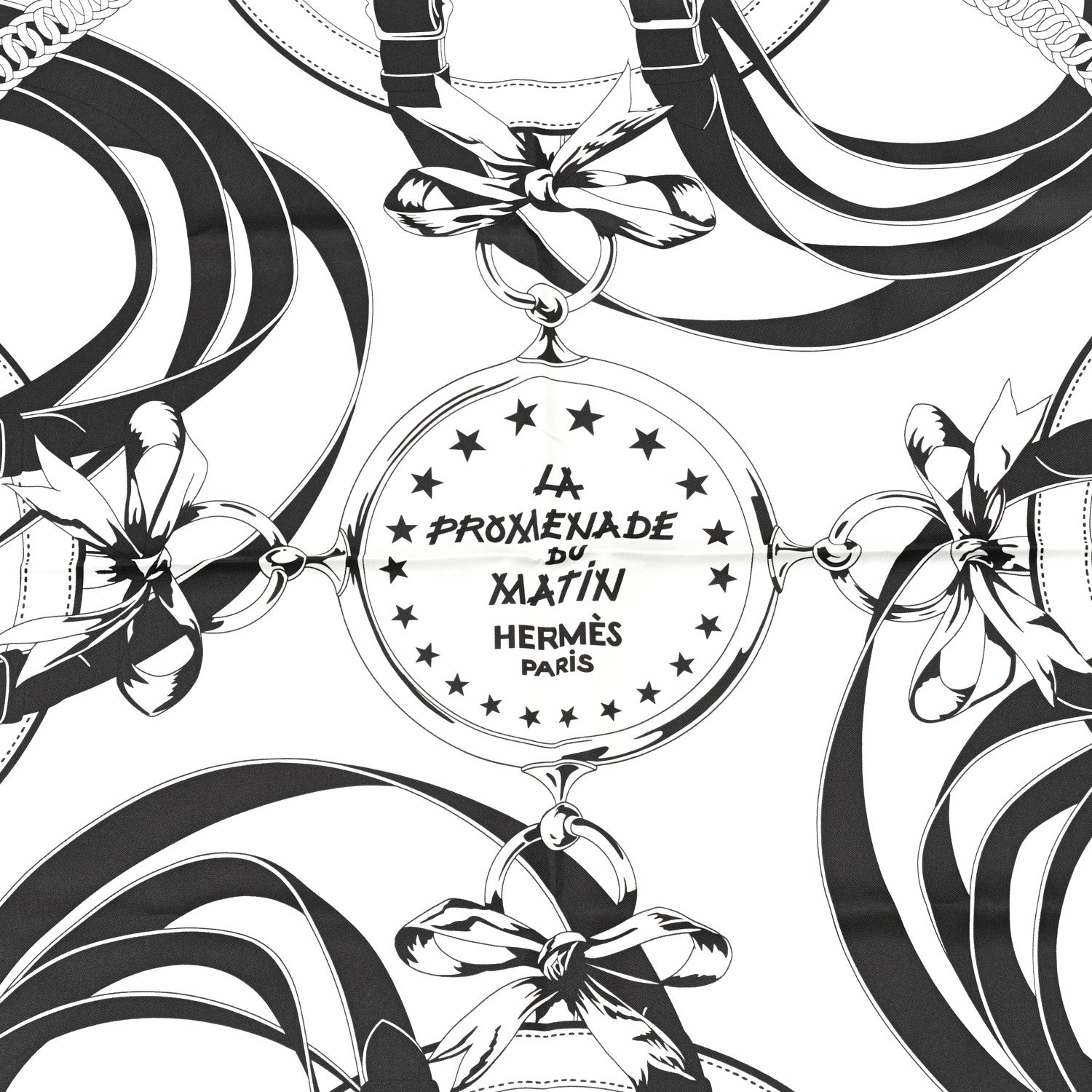 Silk La Promenade du Matin Bandana Double Face Scarf 140 White Black Cuir