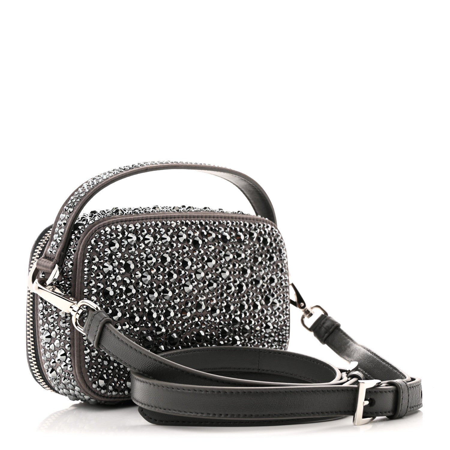 Satin Crystal Metal Triangle Logo Odette Crossbody Fumo