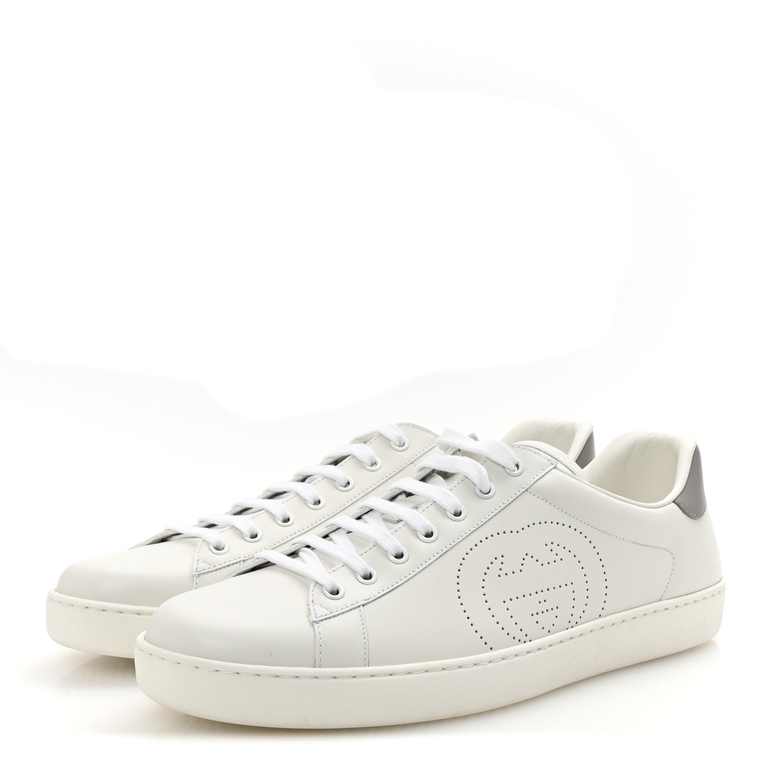 Calfskin Interlocking G Perforated Mens Ace Sneakers 12 White Grey Sky