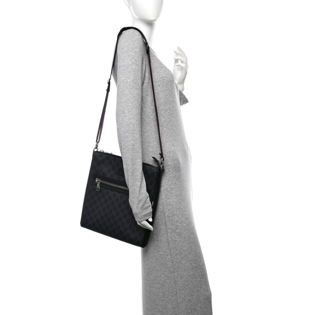 GG Supreme Monogram Appia Calfskin Web Flat Messenger Bag Black Grey