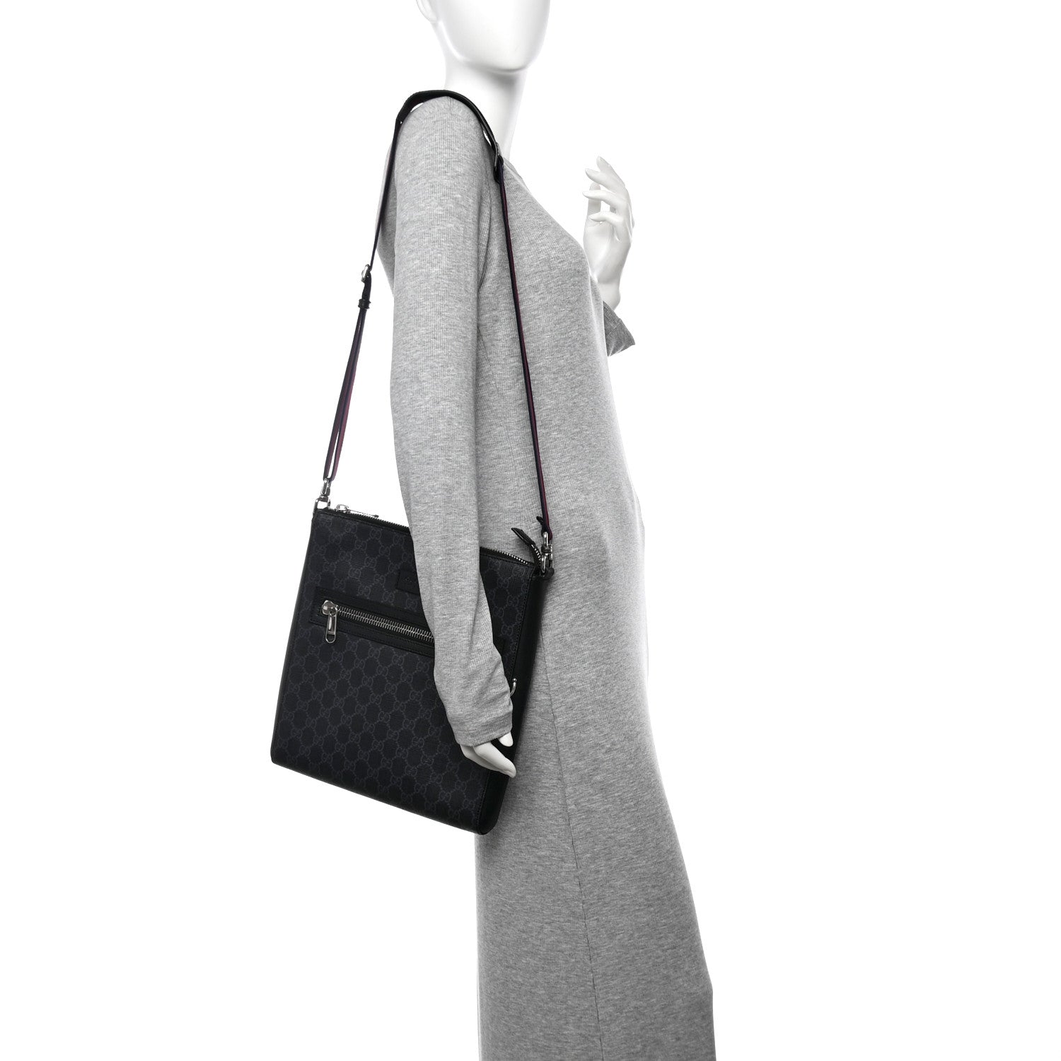 GG Supreme Monogram Appia Calfskin Web Flat Messenger Bag Black Grey