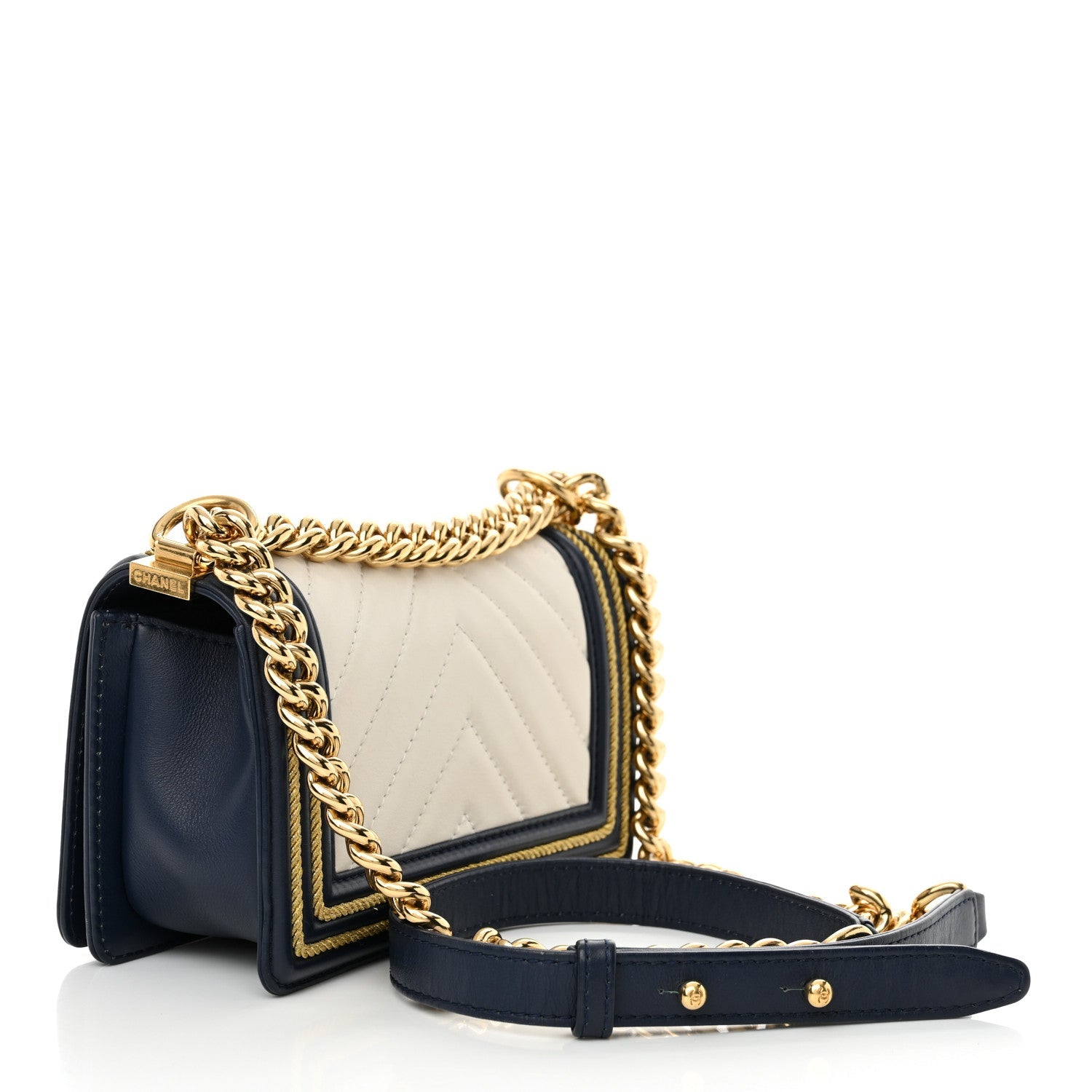 Calfskin Chevron Quilted Braided Small Boy Flap White Navy