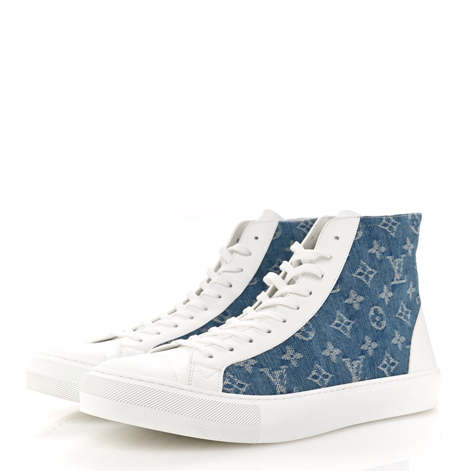Calfskin Denim Monogram Mens Tattoo Sneaker Boots 11 White Blue