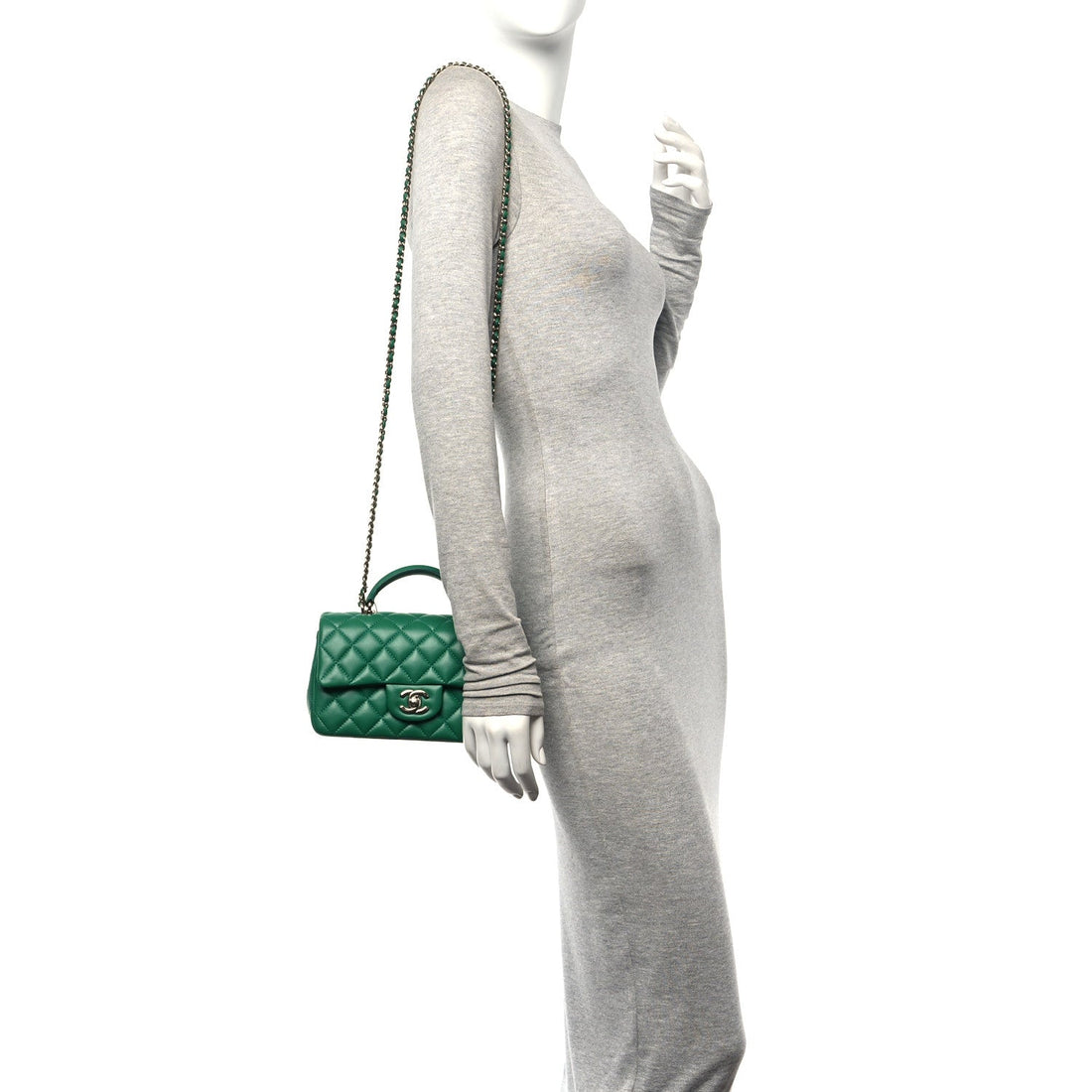 Lambskin Quilted Mini Top Handle Rectangular Flap Green