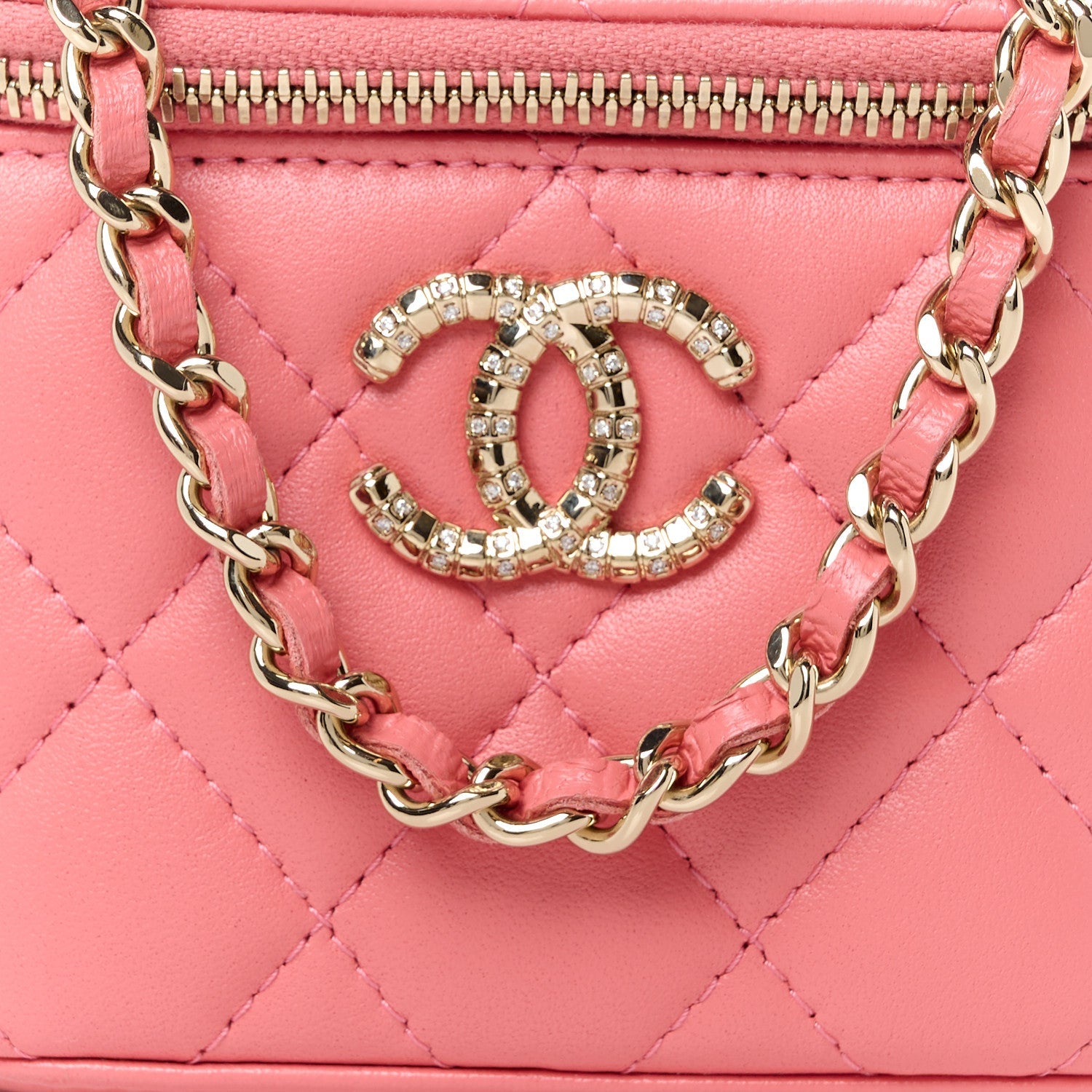 Lambskin Quilted Crystal Top Handle Mini Vanity Case With Chain Coral