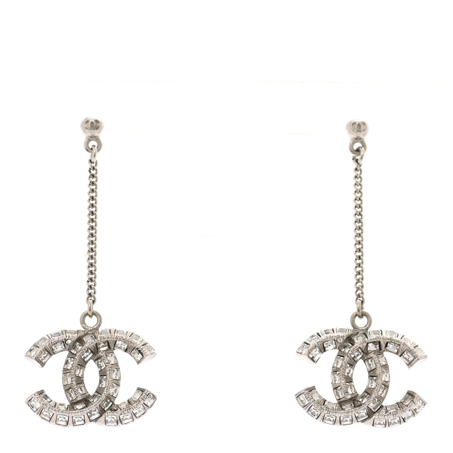 Baguette Crystal CC Drop Earrings Silver