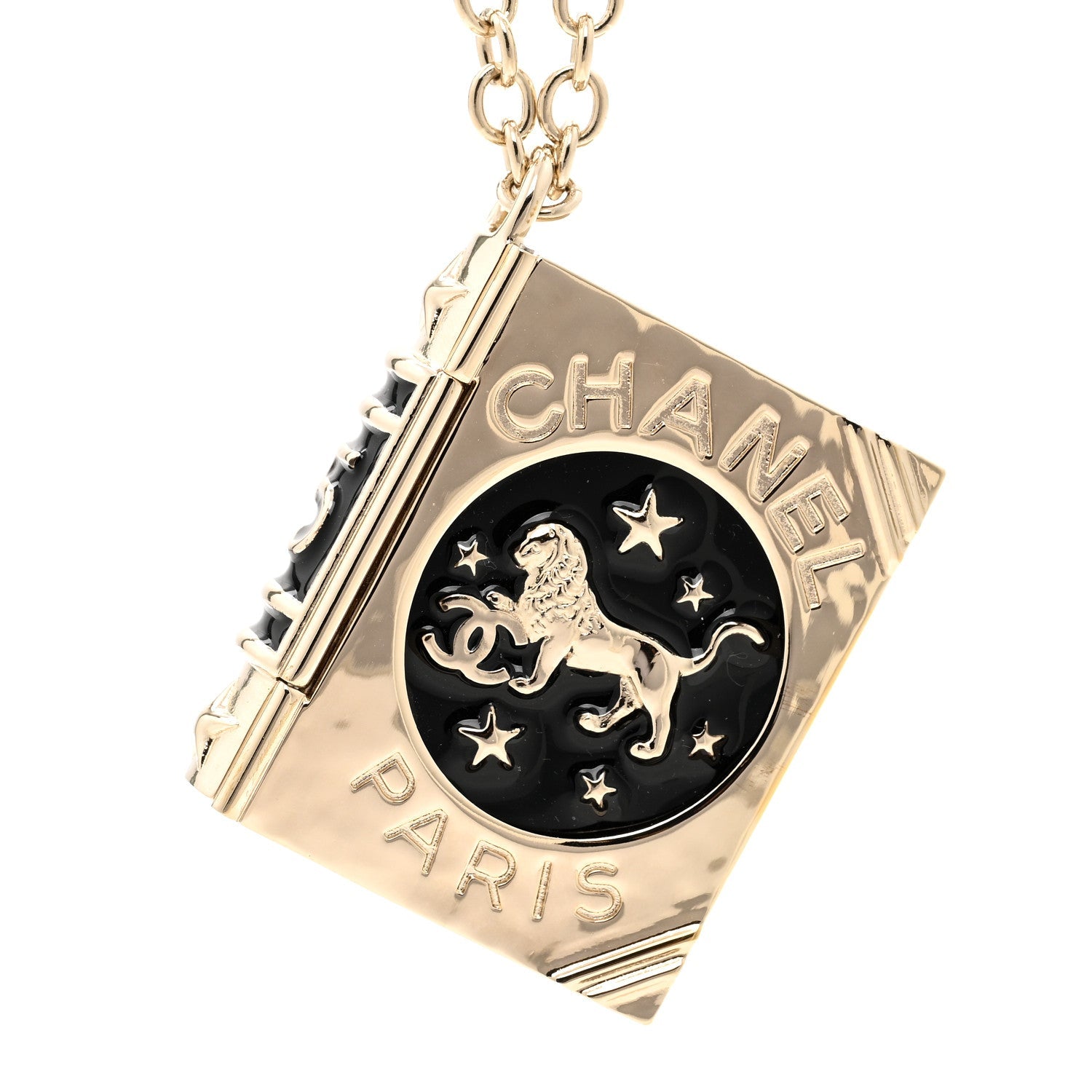 Metal CC Lion Book Locket Necklace Gold