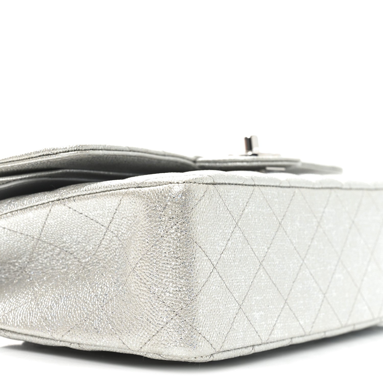 Glittered Metallic Caviar Quilted Medium Double Flap Silver