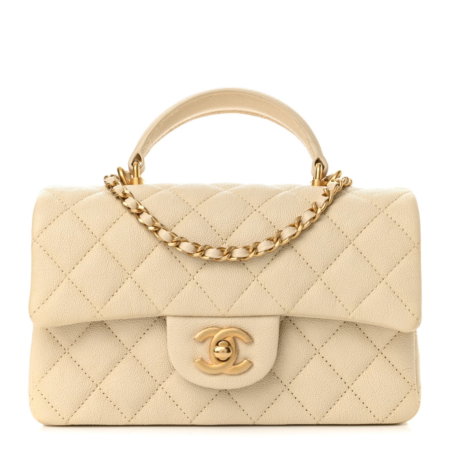 Caviar Quilted Mini Top Handle Rectangular Flap Beige